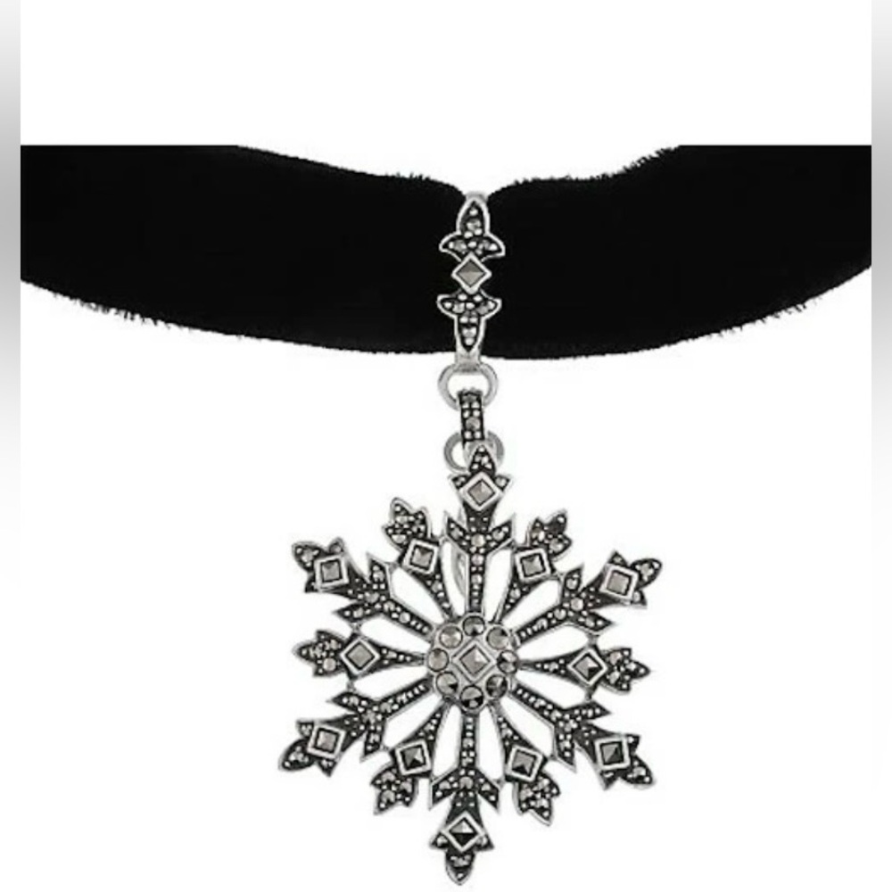 Vintage Suspicion Sterling Silver Marcasite Snowflake Black Velvet Choker